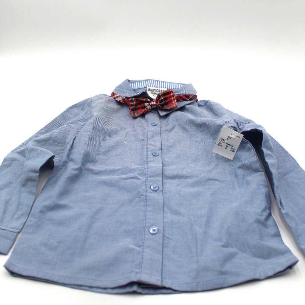 Toddler Boys Baby Grand Signature Blue Long Sleeve Dress Shirt w/ Bow Tie 4T NWT